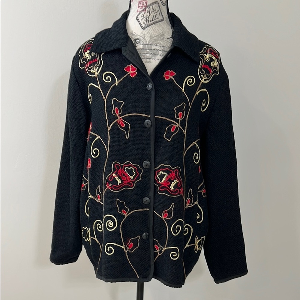Tudor court Embroidered Black Jacket with Red Floral Design